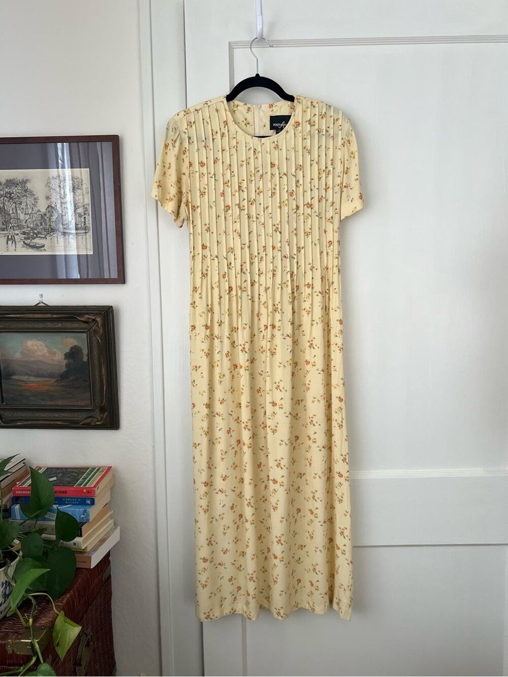 Vintage Positive Attitude Yellow Ditsy Floral Tie-Back Midi Dress